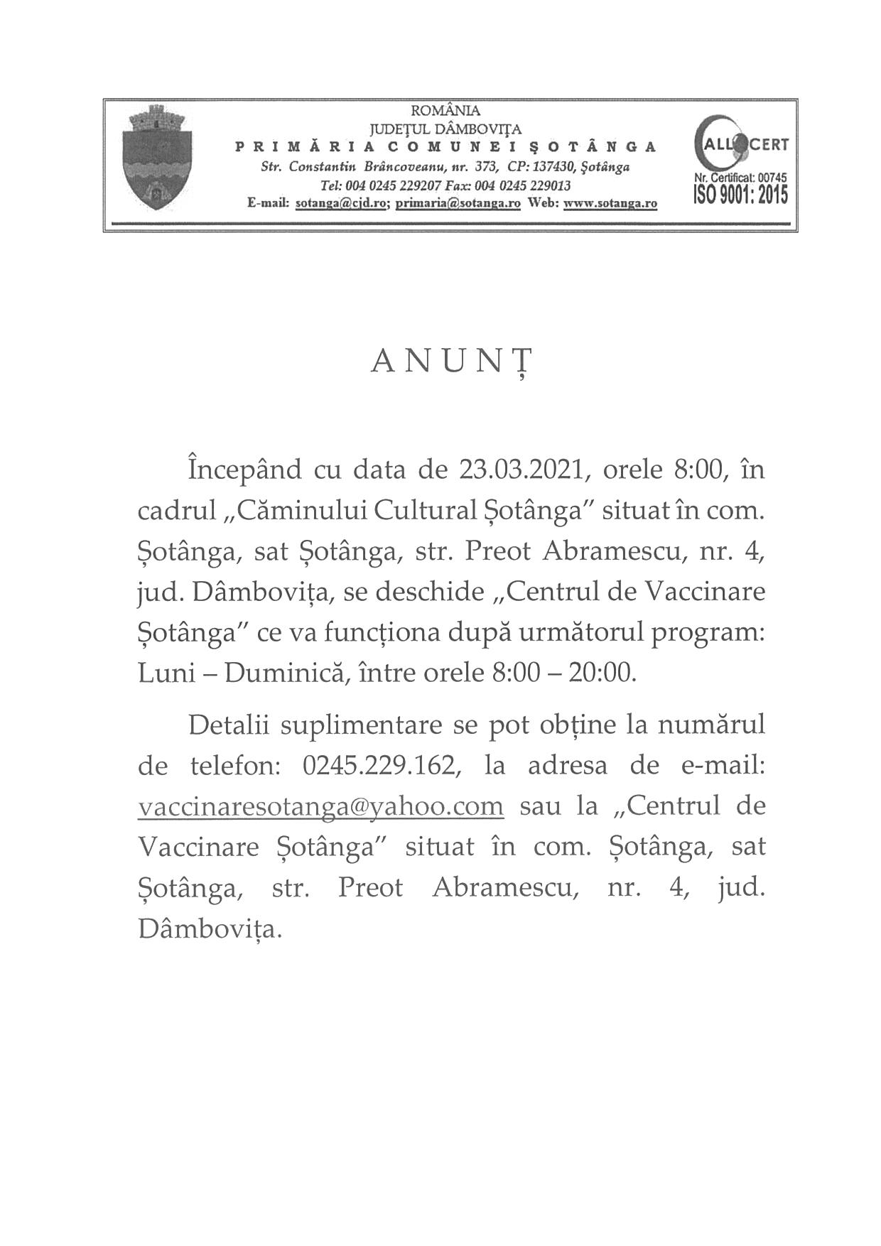 Anunț privind deschiderea Centrului de Vaccinare Șotânga
