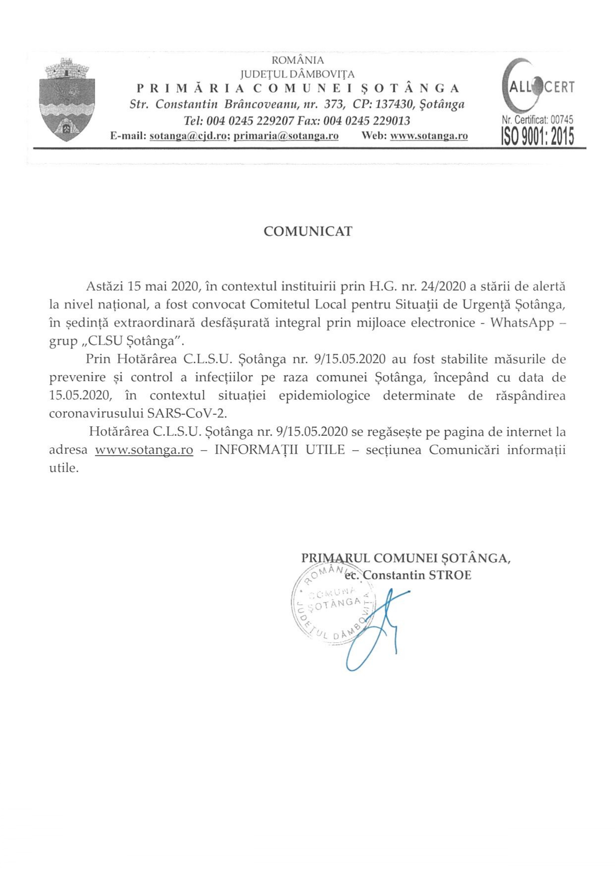 COMUNICAT al Primarului comunei Șotânga din data de 15 mai 2020