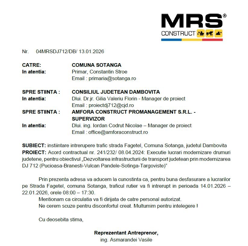 ANUNȚ MRS - Întrerupere trafic rutier strada Făgețel 14.01.2026 - 22.01.2026