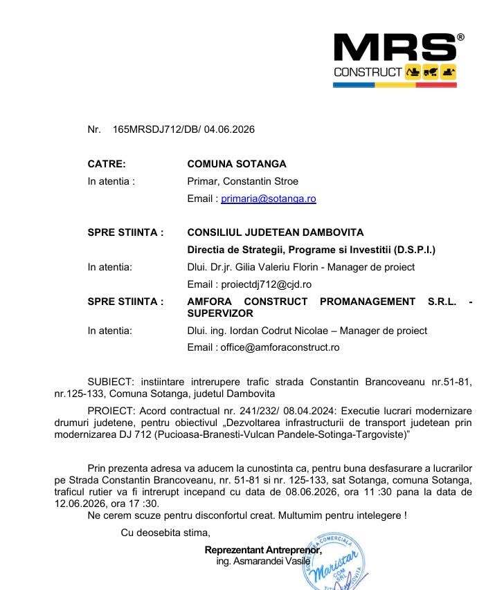 ANUNȚ MRS - întrerupere trafic strada Constantin Brâncoveanu începând cu data de 08.06.2026 pâna în data de 12.06.2026