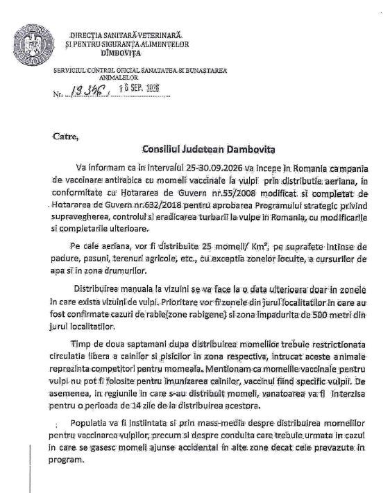 INFORMARE D.S.V.S.A. - CAMPANIE VACCINARE ANTIRABICĂ interval 25-30.09.2026