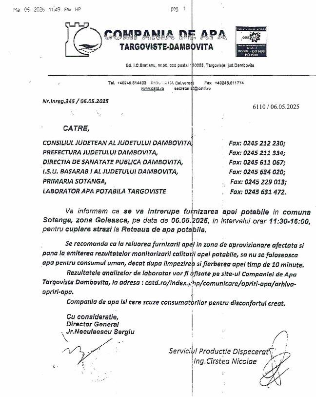 Întrerupere furnizare  apă potabilă în comuna Șotânga  06.05.2025
