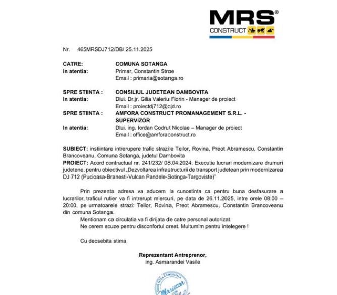 ANUNȚ - Traficul rutier va fi întrerupt miercuri, 26.11.2025, între orele 08:00–20:00, pe străzile: Teilor, Rovină, Preot Abramescu și Constantin Brâncoveanu
