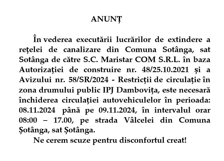 ANUNȚ ÎNCHIDERE TEMPORARĂ STRADA VÂLCELEI