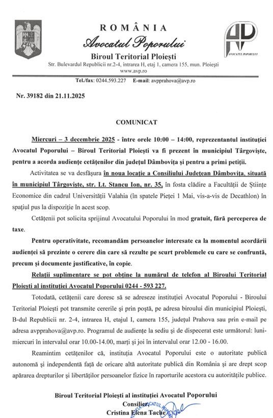 COMUNICAT - AUDIENȚĂ AVOCATUL POPORULUI 03.12.2025