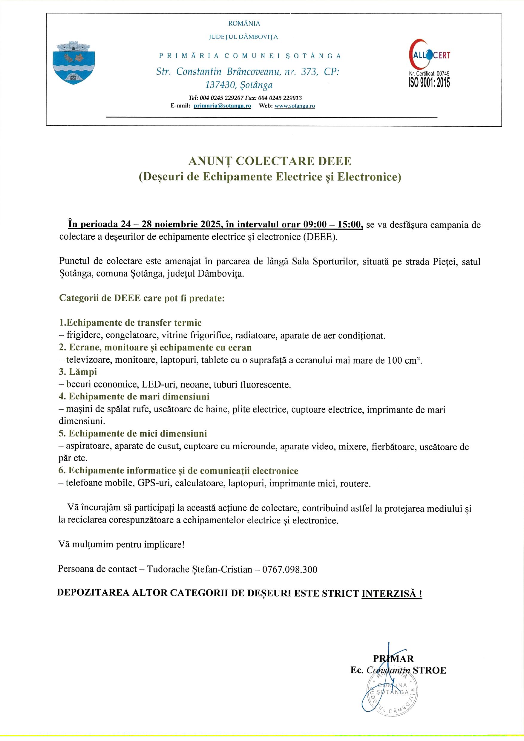 Anunț colectare deșeuri de echipamente electrice și electronice