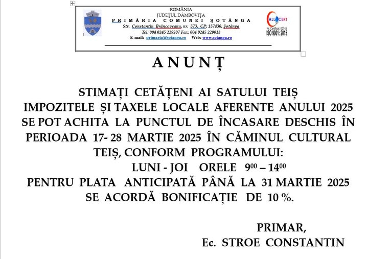 ANUNȚ DESCHIDERE PUNCT ÎNCASARE IMPOZITE ȘI TAXE  - TEIȘ