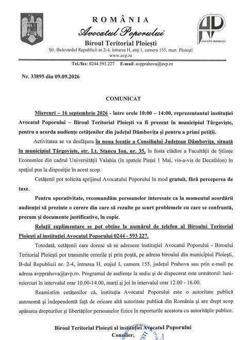 COMUNICAT - AUDIENȚĂ AVOCATUL POPORULUI ÎN DATA DE 16.09.2026
