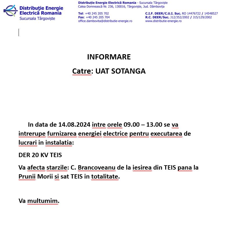 INFORMARE INTRERUPERE ENERGIE ELECTRICA 14.08.2024