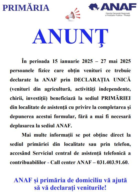 ANUNȚ -  ASISTENȚĂ CU PRIVIRE LA COMPLETAREA ȘI DEPUNEREA DECLARAȚIEI UNICE