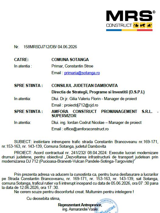 ANUNȚ MRS  - întrerupere trafic strada Constantin Brâncoveanu începând cu data de 05.06.2026 pâna în data de 12.06.2026