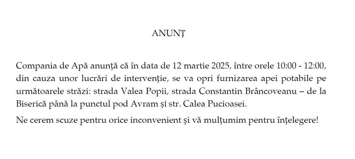 ANUNȚ - COMPANIA DE APĂ TÂRGOVIȘTE DÂMBOVIȚA SA