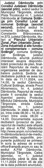 ANUNȚ P.U.Z. - ZONĂ INDUSTRIALĂ ȘI ALTE FUNCȚIUNI COMPLEMENTARE -COMUNA ȘOTÂNGA