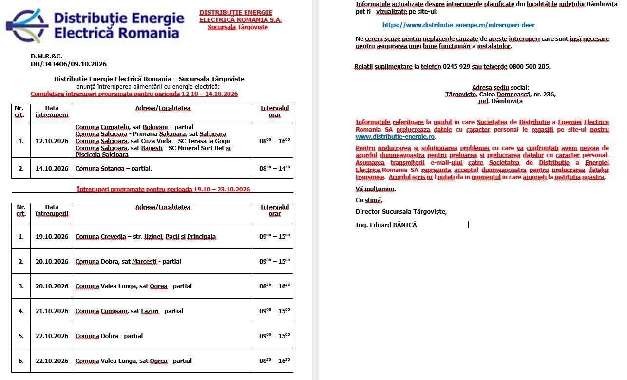 ANUNȚ IMPORTANT – ÎNTRERUPEREA ALIMENTĂRII CU ENERGIE ELECTRICĂ ÎN DATA DE  14.10.2026