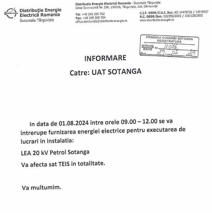 INFORMARE - DISTRIBUTIE ENERGIE ELECTRICA ROMANIA