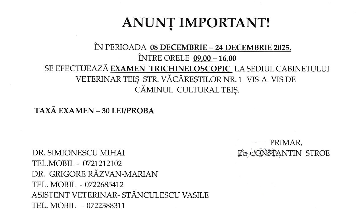 ANUNȚ – EXAMEN TRICHINELOSCOPIC