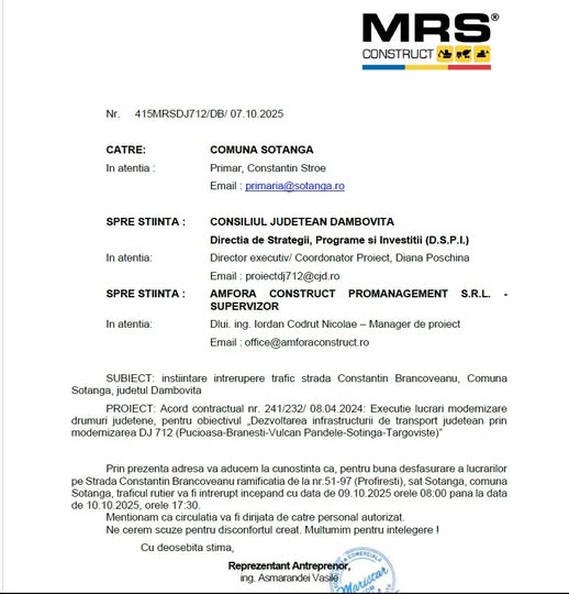 ANUNȚ MRS - ÎNTRERUPERE TRAFIC RUTIER -  strada Constantin Brâncoveanu (ramificația nr. 51–97, Profirești), sat Șotânga