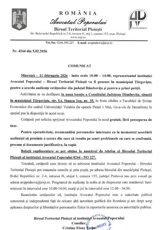 COMUNICAT - AVOCATUL POPORULUI  AUDIENȚĂ DÂMBOVIȚA  11 februarie 2026