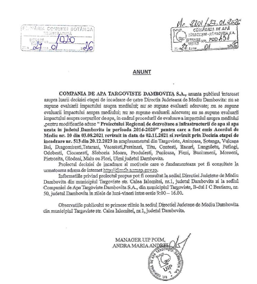 Anunț - Decizie etapa de încadrare de către Directia Județeană de Mediu -  Proiect Regional de dezvoltare a infrastructurii de apa si apă uzată in jud. Dâmbovița