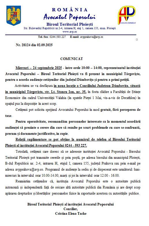 COMUNICAT -  AUDIENȚĂ AVOCATUL POPORULUI 24.09.2024