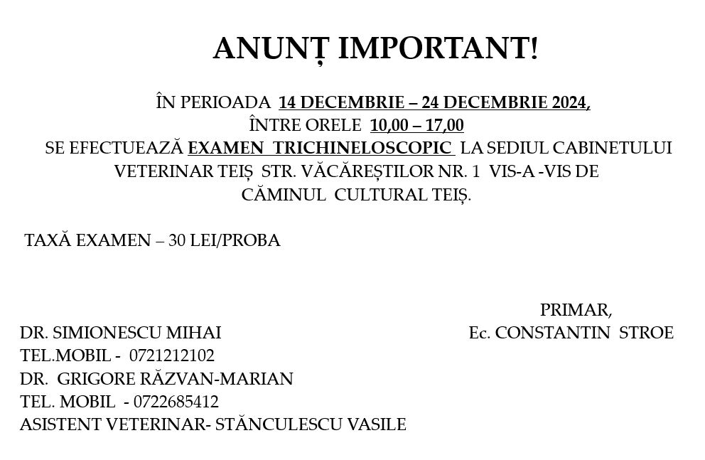 ANUNȚ IMPORTANT - EXAMEN TRICHINELOSCOPIC