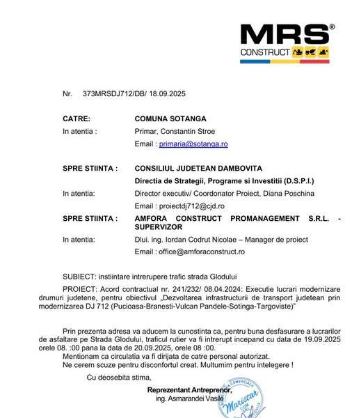 ANUNȚ MRS  - întreruperere  și  restricționare   trafic rutier