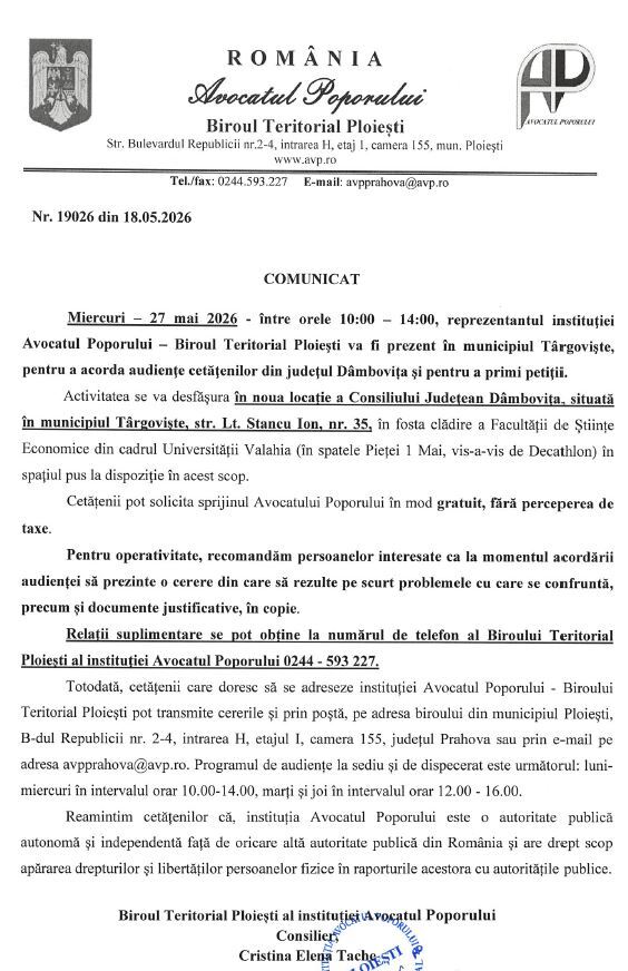 COMUNICAT - AUDIENȚĂ AVOCATUL POPORULUI ÎN DATA DE 27.05.202