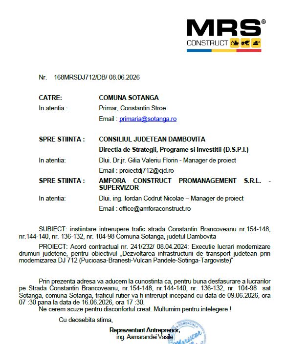 ANUNȚ MRS - întrerupere trafic strada Constantin Brâncoveanu începând cu data de 09.06.2026 pâna în data de 16.06.2026