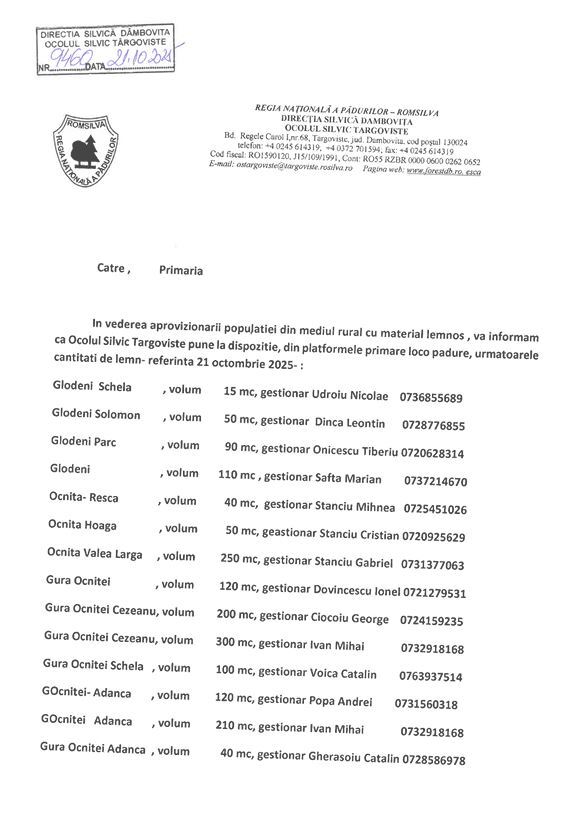 Anunț Ocolul Silvic Târgoviște - material lemnos pentru sezonul rece