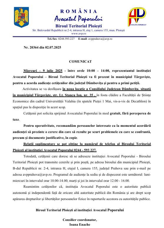 ANUNȚ - COMUNICAT AVOCATUL POPORULUI 09.07.2025