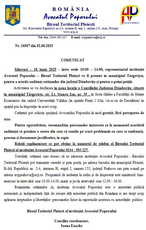 ANUNȚ - COMUNICAT AVOCATUL POPORULUI 18.06.2025