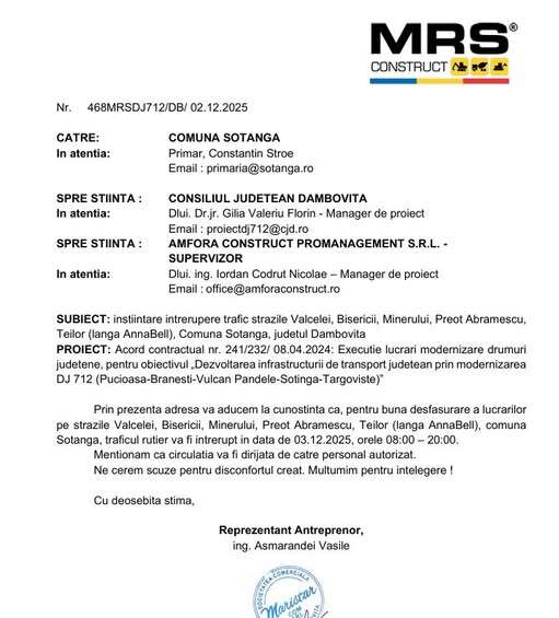 ANUNȚ- Traficul rutier va fi întrerupt  la data de 03.12.2025, între orele 08:00 - 20:00, pe străzile Valcelei, Minerului, Preot Abramescu, Teilor, comuna Șotânga