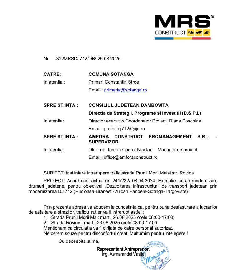 ANUNȚ MRS - ÎNTRERUPERE TRAFIC STRADA PRUNII MORII MAL ȘI STRADA ROVINĂ