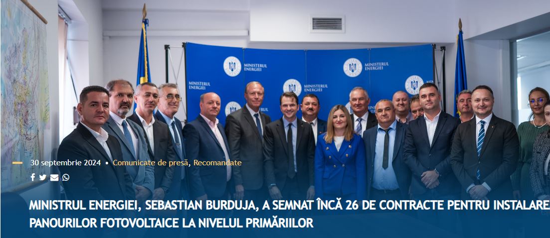 Ministrul Energiei, Sebastian Burduja, a semnat încă 26 de contracte pentru instalarea panourilor fotovoltaice la nivelul primăriilor