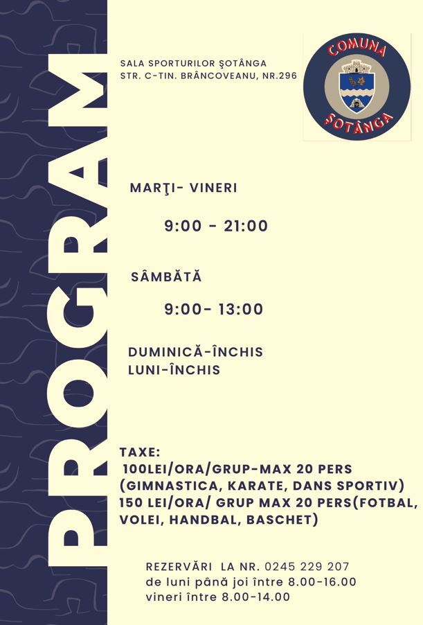 PROGRAM SALA SPORTURILOR ȘOTÂNGA- ÎNCEPÂND CU 1 OCTOMBRIE